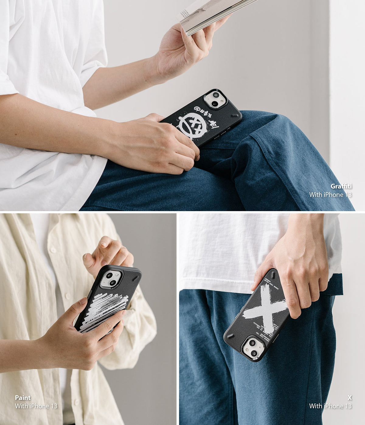 iPhone 13 Mini Case | Onyx Design - Three views of black iPhone cases featuring white graffiti, paint stroke, and X designs.