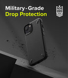 iPhone 13 Case | Onyx - Black textured phone case floating above a dark surface with military-grade drop protection text.