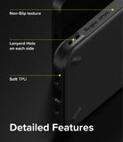 iPhone 13 Case | Onyx - Close-up of black phone case highlighting non-slip texture, lanyard holes, and soft TPU material.