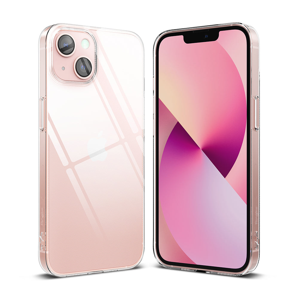 iPhone 13 Mini Case | Slim - Front and back views of a clear, slim protective case on a pink iPhone 13 Mini.