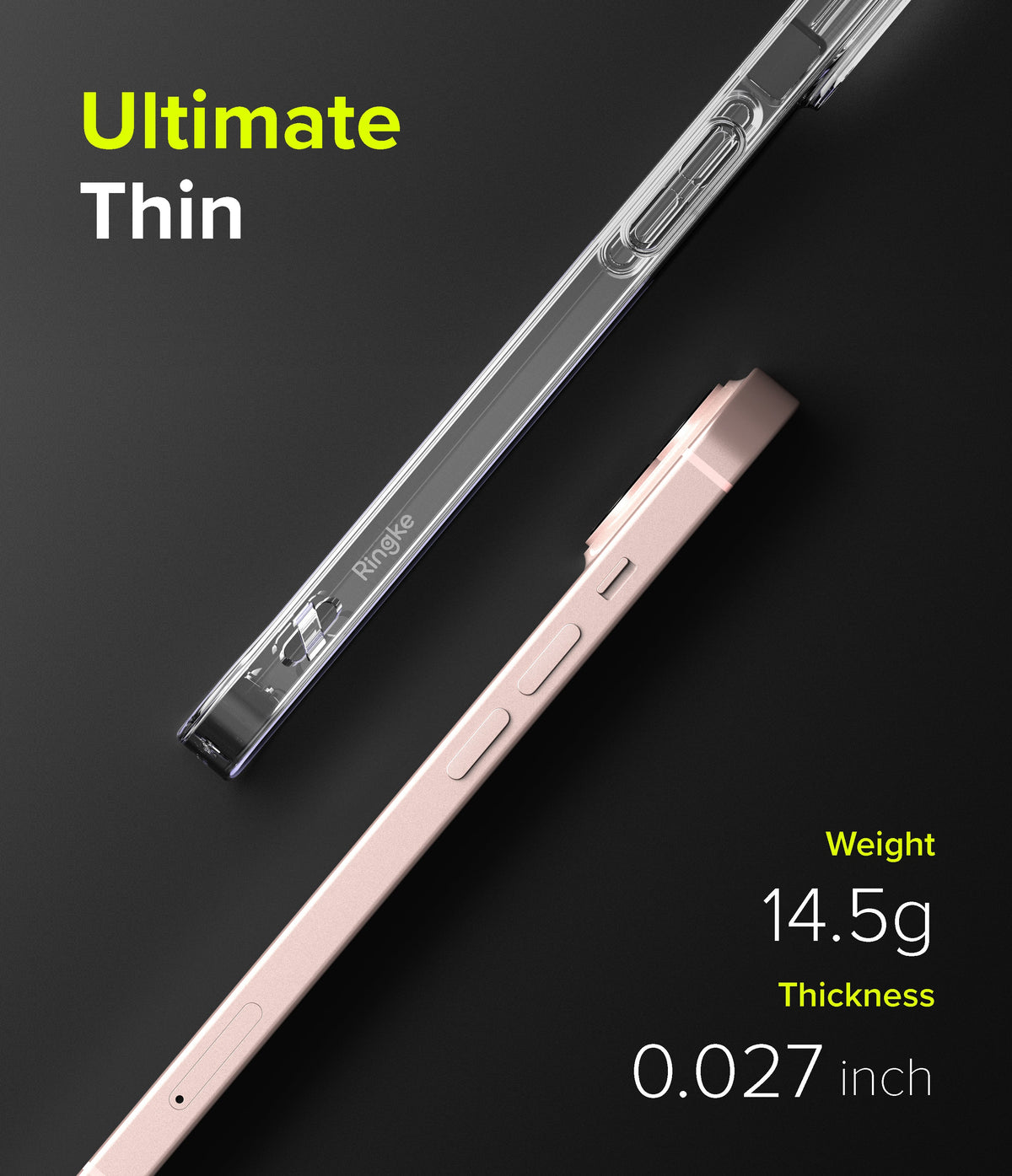 iPhone 13 Mini Case | Slim - A clear Ringke phone case next to a pink iPhone 13 Mini with weight and thickness specifications.