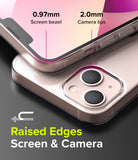 iPhone 13 Case | Slim - Close-up showing 0.97mm screen bezel and 2.0mm camera lip protection on a clear phone case.