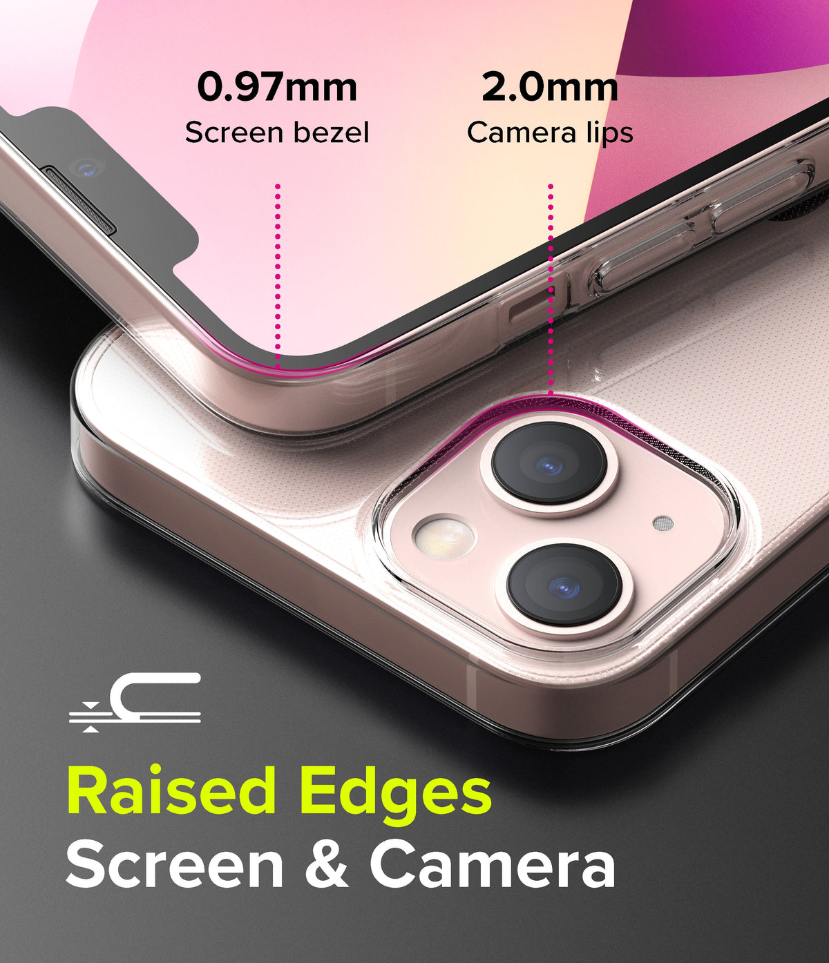 iPhone 13 Mini Case | Slim - Close-up of phone case showing 0.97mm screen bezel and 2.0mm camera lip for raised protection.