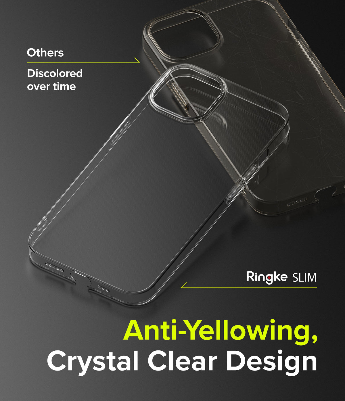 iPhone 13 Mini Case | Slim - Comparison of a clear Ringke case versus a discolored competitor case on a dark background.