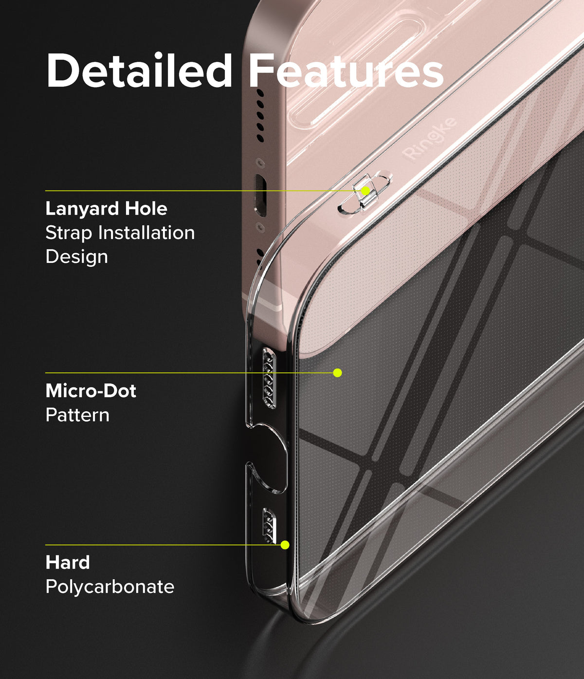 iPhone 13 Mini Case | Slim - Close-up of phone case features including lanyard hole, micro-dot pattern, and hard polycarbonate.