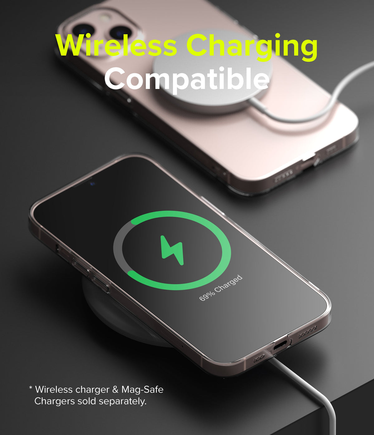 iPhone 13 Mini Case | Slim - Two pink iPhones in clear cases charging wirelessly on a dark surface with a green charging icon.