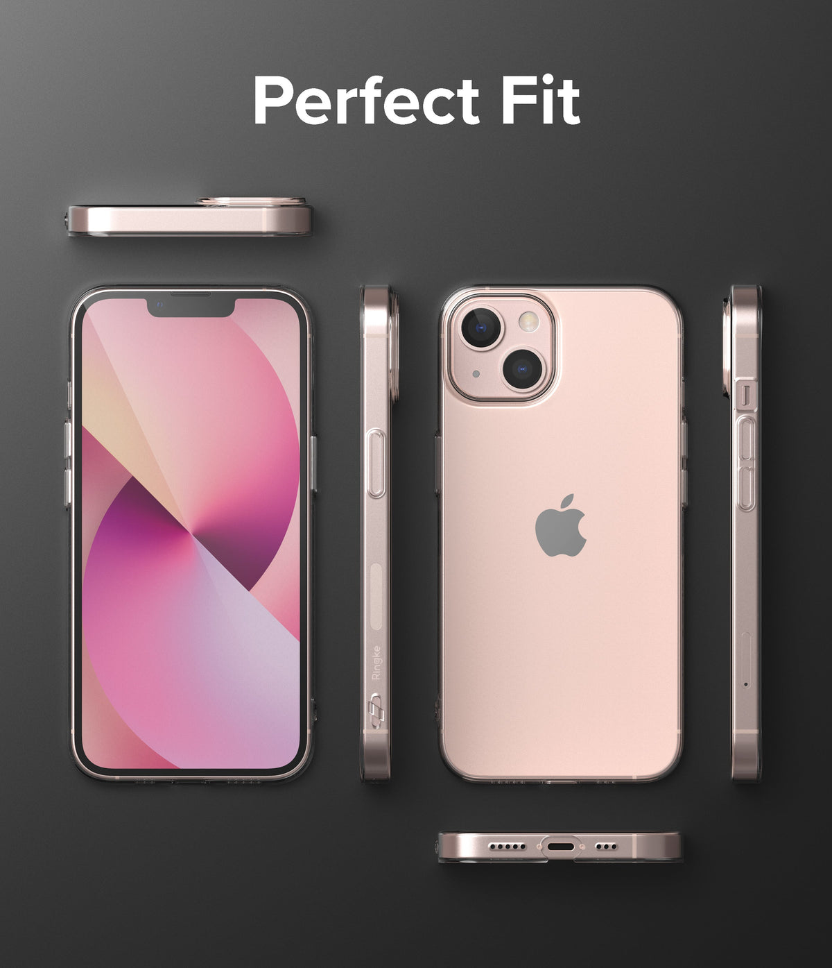 iPhone 13 Mini Case | Slim - Multiple views of a rose gold iPhone 13 Mini in a clear slim case on a dark background.