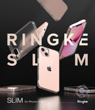 iPhone 13 Case | Slim - Floating clear iPhone 13 cases on a black background with Ringke branding and text overlays.