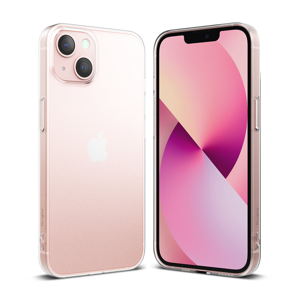 iPhone 13 Mini Case | Slim - Pink iPhone 13 Mini in a clear slim protective case, showing front and back views.