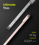 iPhone 13 Case | Slim - Two ultra-thin phone cases in silver and pink showing side profiles with weight and thickness specs.