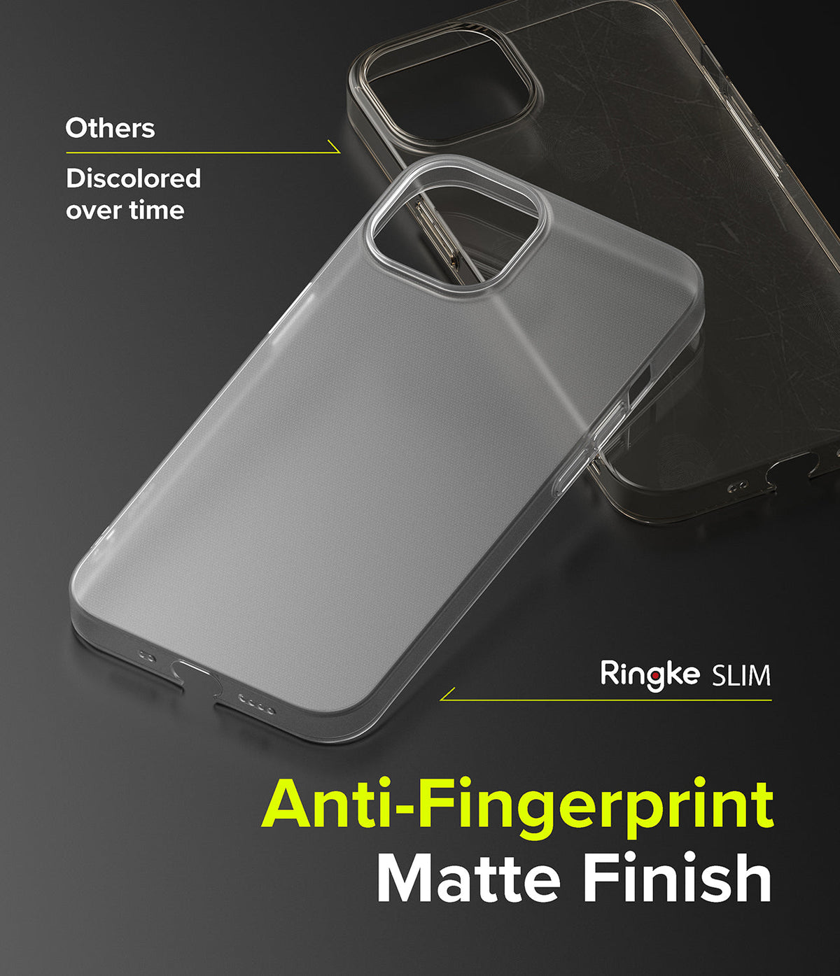 iPhone 13 Mini Case | Slim - Comparison of a clear matte Ringke case against a discolored standard clear phone case.
