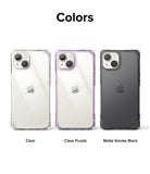iPhone 14 Plus Case | Fusion Bumper - Three iPhone 14 Plus phones in clear, clear purple, and matte smoke black bumper cases.