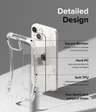 iPhone 14 Plus Case | Fusion Bumper - Exploded view of a clear phone case highlighting bumper, PC, TPU, and lanyard features.