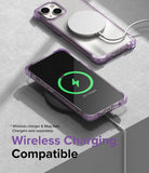 iPhone 14 Plus Case | Fusion Bumper - Purple iPhone 14 Plus in a clear bumper case charging wirelessly on a pad and with a MagSafe charger.