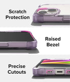 iPhone 14 Plus Case | Fusion Bumper - Three views of a purple phone case highlighting camera protection, raised screen bezels, and precise port cutouts.