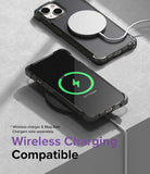 iPhone 14 Plus Case | Fusion Bumper - iPhone 14 Plus in a clear bumper case charging wirelessly on a pad and with a MagSafe charger.