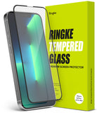 iPhone 14 Plus / 13 Pro Max Screen Protector | Full Cover Glass - iPhone 14 Plus / 13 Pro Max Screen Protector - Tempered glass screen protector hovering over an iPhone next to its box.