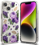 iPhone 14 Case | Fusion Design - Clear phone case featuring purple roses and gold butterfly outlines on the back.