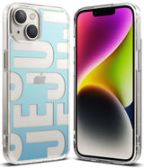 iPhone 14 Plus Case | Fusion Design - Clear phone case with blue and white typographic design, shown from front and back.