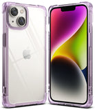 iPhone 14 Plus Case | Fusion Bumper - Clear iPhone 14 Plus with a purple-tinted protective bumper case shown from front and back.