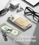 iPhone 14 Plus Case | Fusion Card - Clear phone case with a yellow card holder, surrounded by keys, cash, and accessories.