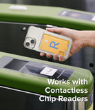 iPhone 14 Plus Case | Fusion Card - Hand holding a phone with a card in the case over a contactless transit gate reader.