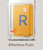 iPhone 14 Plus Case | Fusion Card - Clear phone case with a yellow card inserted, showing a red arrow indicating a push motion.