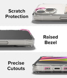 iPhone 14 Plus Case | Fusion Card - Close-ups of clear phone case highlighting scratch protection, raised bezels, and precise cutouts.