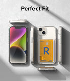 iPhone 14 Plus Case | Fusion Card - Clear phone case with a yellow card holder, shown from multiple angles on a gray surface.