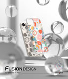 iPhone 14 Plus Case | Fusion Design - Clear phone case with colorful floral patterns floating among glass spheres.