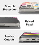 iPhone 14 Plus Case | Fusion Design - Three close-up views of a clear floral phone case highlighting scratch protection, raised bezels, and precise cutouts.