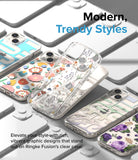 iPhone 14 Plus Case | Fusion Design - Clear phone cases with floral, butterfly, and graphic patterns displayed on white phones.