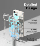 iPhone 14 Plus Case | Fusion Design - Exploded view of a clear phone case highlighting hard PC, soft TPU, and lanyard holes.