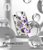 iPhone 14 Plus Case | Fusion Design - Clear phone case with purple roses and butterflies floating among glass orbs.