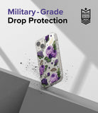 iPhone 14 Plus Case | Fusion Design - Clear phone case with purple roses and butterflies, featuring military-grade drop protection.