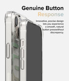 iPhone 14 Plus Case | Fusion Design - Close-up of a clear phone case highlighting precise, responsive button covers on the side.