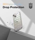 iPhone 14 Plus Case | Fusion Design - Clear phone case with graphic text, floating above a surface with debris, featuring military-grade protection text.