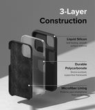 iPhone 14 Plus Case | Silicone - Exploded view showing liquid silicone, polycarbonate, and microfiber lining layers.