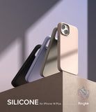 iPhone 14 Plus Case | Silicone - Three silicone iPhone 14 Plus cases in black, blue, and beige standing on a block.
