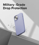 iPhone 14 Plus Case | Silicone - Lavender silicone iPhone 14 Plus case hovering above a grey surface with debris, text reads Military-Grade Drop Protection.