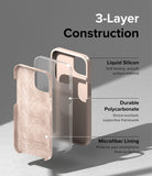 iPhone 14 Plus Case | Silicone - Exploded view showing liquid silicone, polycarbonate, and microfiber lining layers.