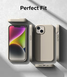 iPhone 14 Plus Case | Silicone - Beige phone case shown from multiple angles with a phone screen and cutouts.