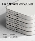 iPhone 14 Plus Case | Slim - Stack of three slim clear phone cases showing charging ports and speaker grilles, 16g and 0.8mm.