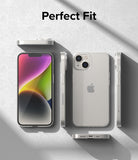 iPhone 14 Plus Case | Slim - Multiple views of a clear iPhone 14 Plus case on a textured gray background with Perfect Fit text.