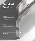 iPhone 14 Plus Case | Slim - Close-up of a clear phone case highlighting anti-discoloration, scratch-resistant coating, and micro-dot texture.