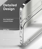 iPhone 14 Pro Max Case | Air - Clear phone case highlighting lanyard holes, soft TPU material, and micro-dot texture.