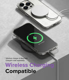 iPhone 14 Pro Max Case | Air - Clear glitter phone case on a wireless charger with a MagSafe puck attached to the back.