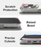 iPhone 14 Pro Max Case | Air - Close-ups showing scratch protection, raised bezels, and precise port cutouts on a glittery case.