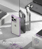 iPhone 14 Pro Max Case | Fusion Bumper - Three iPhone 14 Pro Max cases in purple, black, and clear standing on a gray surface.