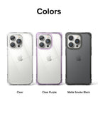 iPhone 14 Pro Max Case | Fusion Bumper - Three iPhone 14 Pro Max phones in clear, clear purple, and matte smoke black cases.
